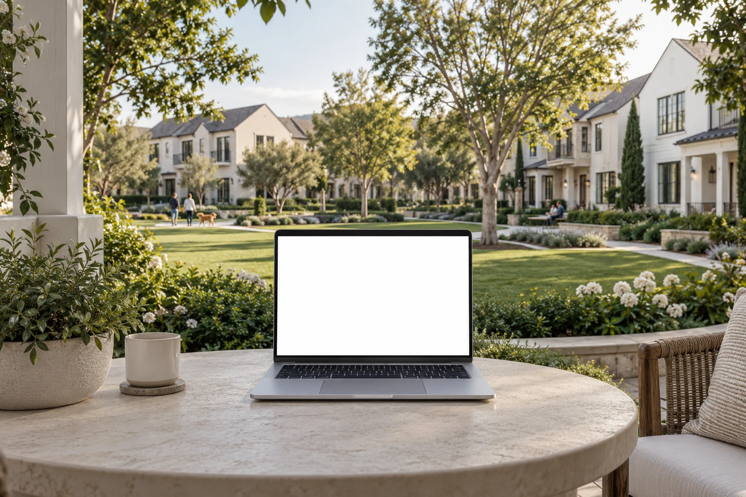 An inviting neighborhood viewed from a porch, with HOAhx on a laptop